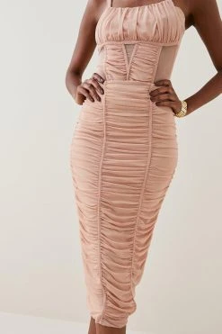 Karen Millen Corset Detail Ruched Mesh Jersey Midi Skirt -Karen Millen shop nude corset detail ruched mesh jersey midi skirt 3