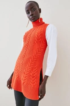 Karen Millen Cable Knit Roll Neck Tunic -Karen Millen shop orange cable knit roll neck tunic 1