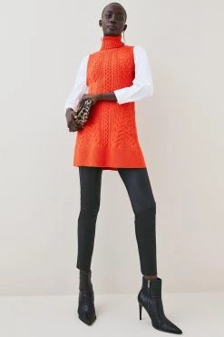 Karen Millen Cable Knit Roll Neck Tunic -Karen Millen shop orange cable knit roll neck tunic 3
