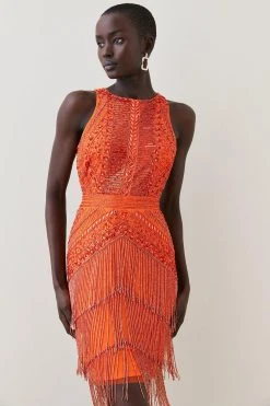 Karen Millen Embellished Halter Fringed Mini Dress -Karen Millen shop orange embellished halter fringed mini dress 2