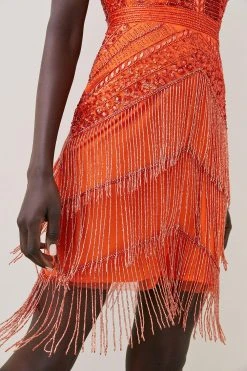 Karen Millen Embellished Halter Fringed Mini Dress -Karen Millen shop orange embellished halter fringed mini dress 3