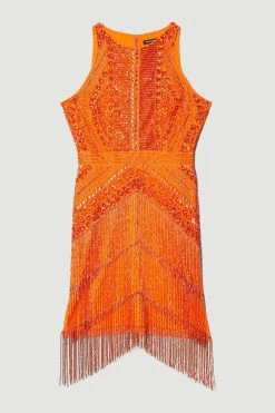 Karen Millen Embellished Halter Fringed Mini Dress -Karen Millen shop orange embellished halter fringed mini dress 4