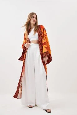 Karen Millen Linen Viscose Placed Boarder Print Maxi Kimono -Karen Millen shop orange linen viscose placed boarder print maxi kimono 1
