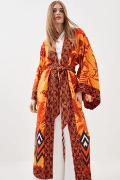 Karen Millen Linen Viscose Placed Boarder Print Maxi Kimono -Karen Millen shop orange linen viscose placed boarder print maxi kimono 2