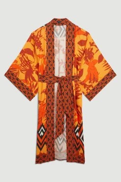 Karen Millen Linen Viscose Placed Boarder Print Maxi Kimono -Karen Millen shop orange linen viscose placed boarder print maxi kimono 3