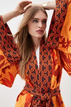 Karen Millen Linen Viscose Placed Boarder Print Maxi Kimono -Karen Millen shop orange linen viscose placed boarder print maxi kimono 4