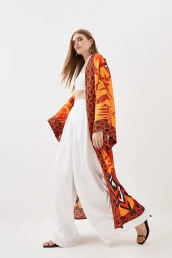Karen Millen Linen Viscose Placed Boarder Print Maxi Kimono -Karen Millen shop orange linen viscose placed boarder print maxi kimono 5