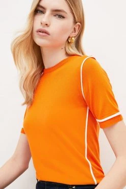 Karen Millen Viscose Blend Knitted Contrast Trim Top -Karen Millen shop orange viscose blend knitted contrast trim top 3