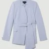 Karen Millen Stretch Cady Notch Neck Tie Belt Blazer -Karen Millen shop pale blue stretch cady notch neck tie belt blazer