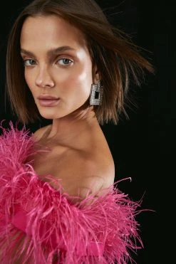 Karen Millen Compact Stretch Feather Bardot Mini Dress -Karen Millen shop pink compact stretch feather bardot mini dress 1 2