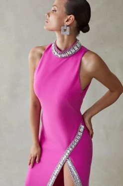 Karen Millen Crystal Embellished Woven Thigh Split Maxi -Karen Millen shop pink crystal embellished woven thigh split maxi 2