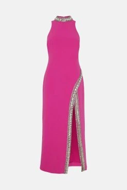 Karen Millen Crystal Embellished Woven Thigh Split Maxi -Karen Millen shop pink crystal embellished woven thigh split maxi 4