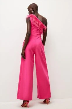 Karen Millen Feather One Shoulder Jumpsuit -Karen Millen shop pink feather one shoulder jumpsuit 2