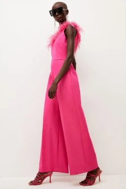 Karen Millen Feather One Shoulder Jumpsuit -Karen Millen shop pink feather one shoulder jumpsuit 3