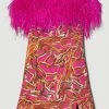 Karen Millen Italian Signature Stretch Chain Feather Bardot Mini Dress -Karen Millen shop pink italian signature stretch chain feather bardot mini dress