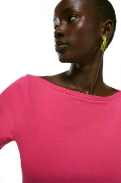 Karen Millen Organic Cotton Jersey Half Sleeve Slash Neck Top -Karen Millen shop pink organic cotton jersey half sleeve slash neck top 3