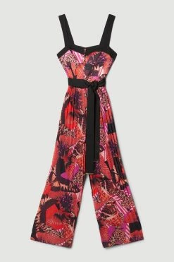 Karen Millen Top Stitch Pleated Butterfly Detail Woven Jumpsuit -Karen Millen shop pink top stitch pleated butterfly detail woven jumpsuit 3
