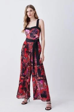 Karen Millen Top Stitch Pleated Butterfly Detail Woven Jumpsuit -Karen Millen shop pink top stitch pleated butterfly detail woven jumpsuit 4