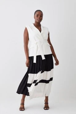 Karen Millen Plus Size Mono Tailored And Pleat Belted Midi Dress