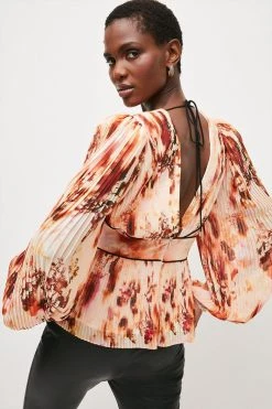 Karen Millen Pressed Floral Pleated Woven Blouse -Karen Millen shop pressed floral pleated woven blouse 2