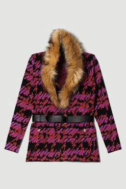 Karen Millen Belted Faux Fur Collar Jacquard Knit Jacket -Karen Millen shop purple belted faux fur collar jacquard knit jacket 2