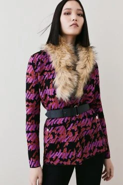Karen Millen Belted Faux Fur Collar Jacquard Knit Jacket -Karen Millen shop purple belted faux fur collar jacquard knit jacket 5