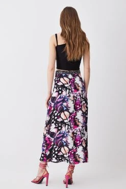 Karen Millen Butterfly Print Buttoned Midi Skirt -Karen Millen shop purple butterfly print buttoned midi skirt 3