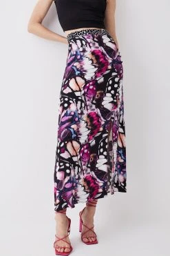 Karen Millen Butterfly Print Buttoned Midi Skirt -Karen Millen shop purple butterfly print buttoned midi skirt 4
