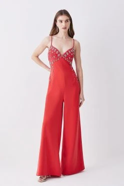 Karen Millen Embellished Lace Mix Strappy Woven Jumpsuit 11 Karen Millen Embellished Lace Mix Strappy Woven Jumpsuit -Karen Millen shop raspberry embellished lace mix strappy woven jumpsuit 4
