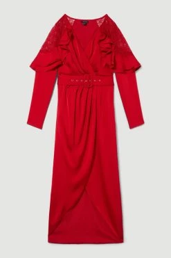 Karen Millen Satin And Lace Ruffle Woven Midaxi Dress -Karen Millen shop raspberry satin and lace ruffle woven midaxi dress 2