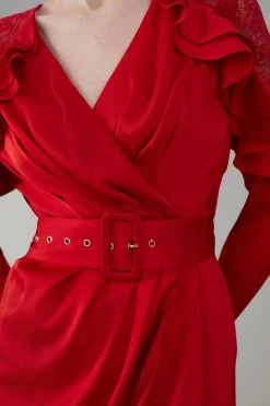 Karen Millen Satin And Lace Ruffle Woven Midaxi Dress