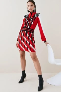 Karen Millen Embellished Sporty Jacquard Knit Mini Dress -Karen Millen shop red embellished sporty jacquard knit mini dress 3