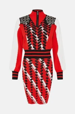 Karen Millen Embellished Sporty Jacquard Knit Mini Dress -Karen Millen shop red embellished sporty jacquard knit mini dress 4