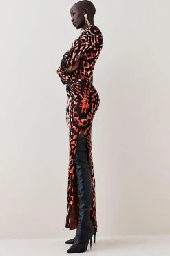 Karen Millen Embellished Twist Slinky Jacquard Knit Maxi Dress -Karen Millen shop red embellished twist slinky jacquard knit maxi dress 4