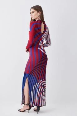 Karen Millen Slinky Jacquard Abstract Knit Maxi Column Dress -Karen Millen shop red slinky jacquard abstract knit maxi column dress 2