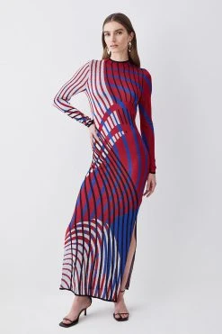 Karen Millen Slinky Jacquard Abstract Knit Maxi Column Dress -Karen Millen shop red slinky jacquard abstract knit maxi column dress 3