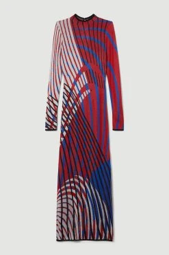 Karen Millen Slinky Jacquard Abstract Knit Maxi Column Dress -Karen Millen shop red slinky jacquard abstract knit maxi column dress 4