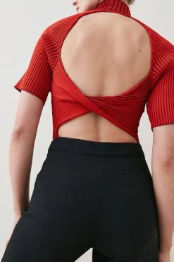 Karen Millen Twist Back Reverse Knit Top -Karen Millen shop red twist back reverse knit top 2