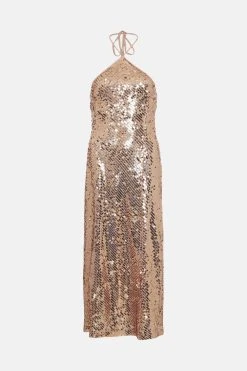 Karen Millen Liquid Sequin Woven Halter Dress -Karen Millen shop rose gold liquid sequin woven halter dress 4
