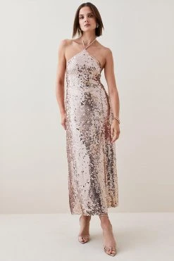 Karen Millen Liquid Sequin Woven Halter Dress -Karen Millen shop rose gold liquid sequin woven halter dress 5