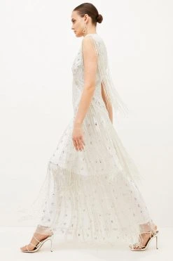 Karen Millen Beaded Fringed Woven Maxi Dress -Karen Millen shop sage beaded fringed woven maxi dress 1