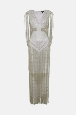 Karen Millen Beaded Fringed Woven Maxi Dress -Karen Millen shop sage beaded fringed woven maxi dress 3