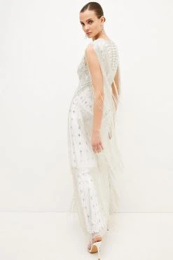 Karen Millen Beaded Fringed Woven Maxi Dress -Karen Millen shop sage beaded fringed woven maxi dress 4