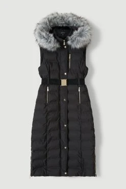 Karen Millen Belted Puffer Faux Fur Maxi Hooded Gilet -Karen Millen shop stone belted puffer faux fur maxi hooded gilet 2