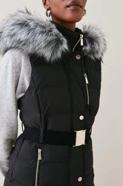 Karen Millen Belted Puffer Faux Fur Maxi Hooded Gilet