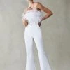 Karen Millen Feather Strapless Wide Leg Jumpsuit -Karen Millen shop white feather strapless wide leg jumpsuit