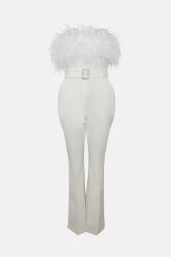 Karen Millen Feather Strapless Wide Leg Jumpsuit -Karen Millen shop white feather strapless wide leg jumpsuit 4
