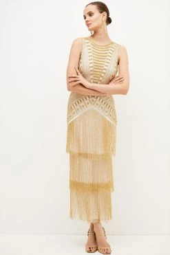 Karen Millen Beaded Fringed Tiered Maxi Dress -Karen Millen shop yellow beaded fringed tiered maxi dress 1