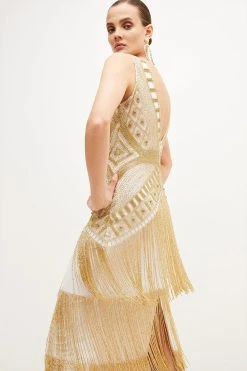 Karen Millen Beaded Fringed Tiered Maxi Dress -Karen Millen shop yellow beaded fringed tiered maxi dress 2