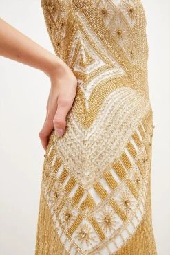 Karen Millen Beaded Fringed Tiered Maxi Dress -Karen Millen shop yellow beaded fringed tiered maxi dress 3